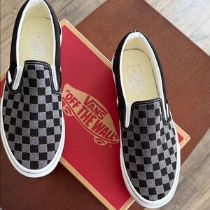 Vans Women’s Black and Sparkle Gray Checkered Slip-On Sneakers